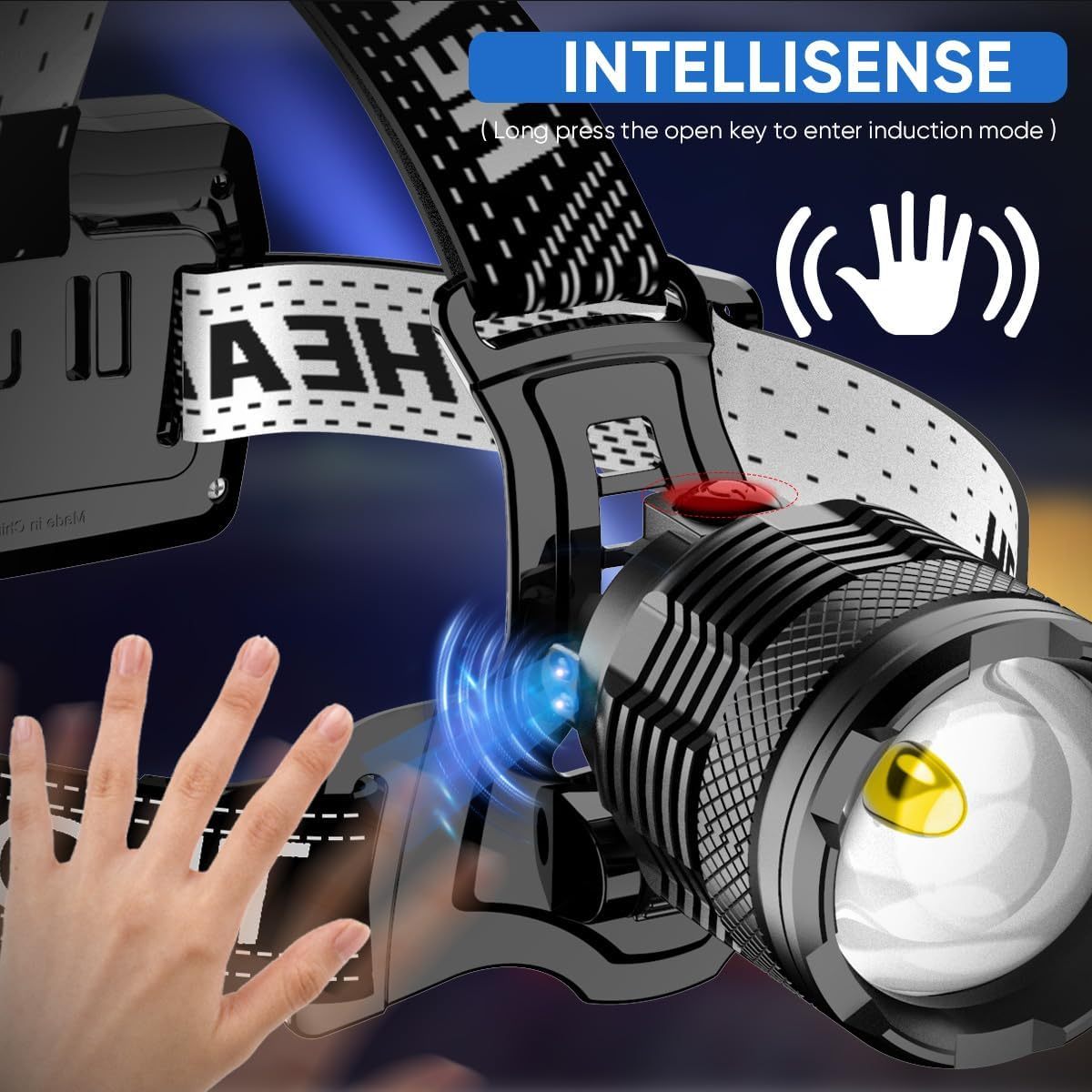 NAKCNM LED Head Torch Rechargeable 30W 1000LM Headlamp with Motion Sensor for Outdoor Adventure