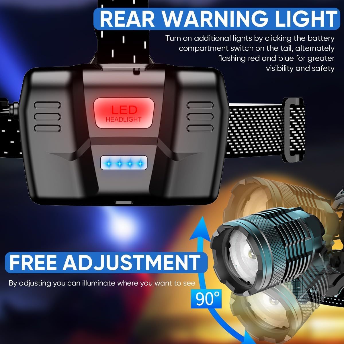 NAKCNM LED Head Torch Rechargeable 30W 1000LM Headlamp with Motion Sensor for Outdoor Adventure