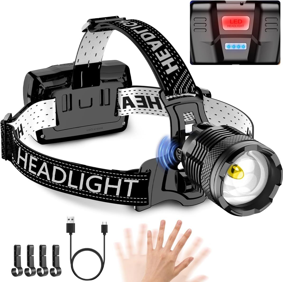 NAKCNM LED Head Torch Rechargeable 30W 1000LM Headlamp with Motion Sensor for Outdoor Adventure