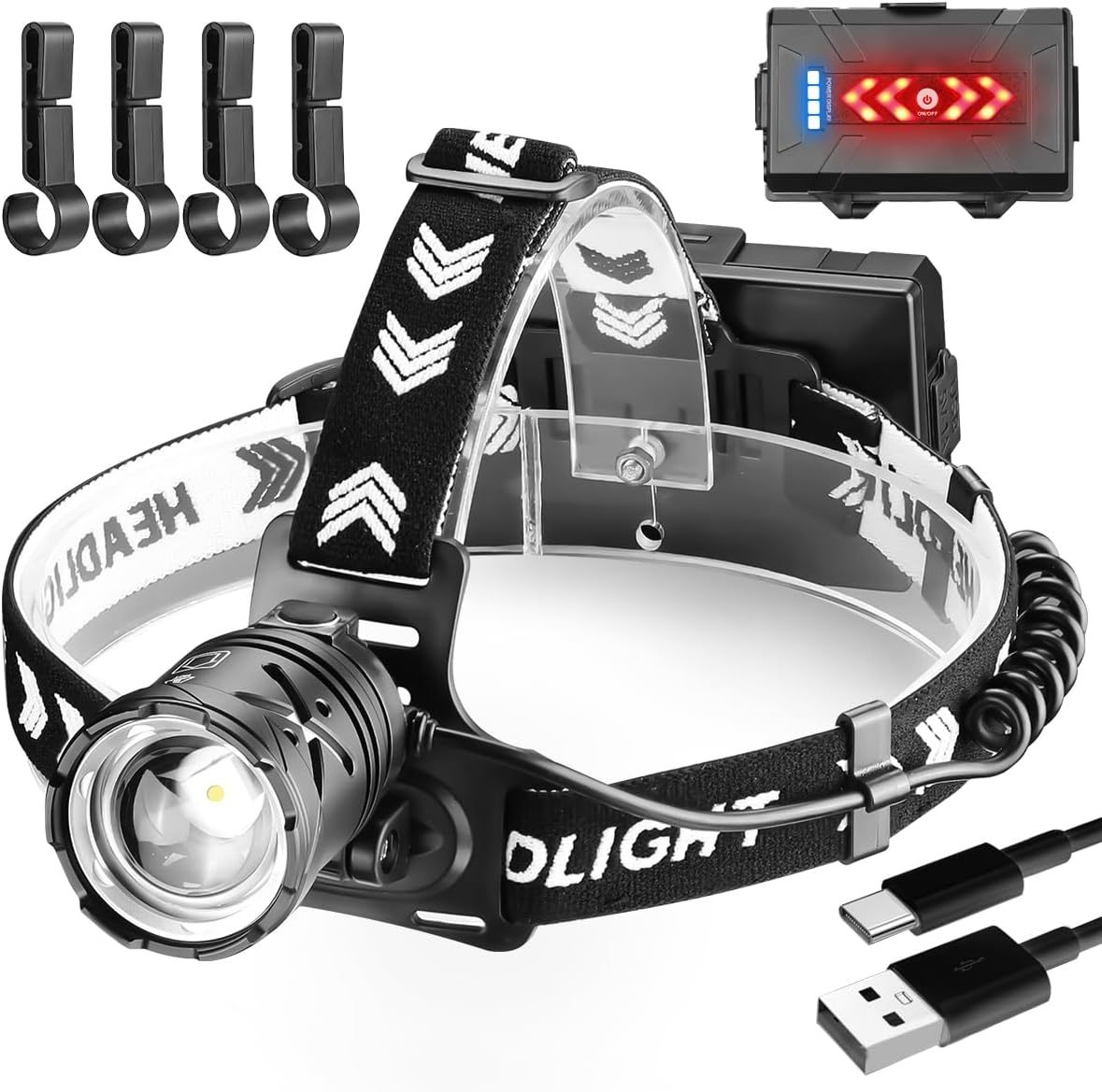 NAKCNM Rechargeable 30W LED Headlamp 1500 Lumens for Camping Hiking Fishing