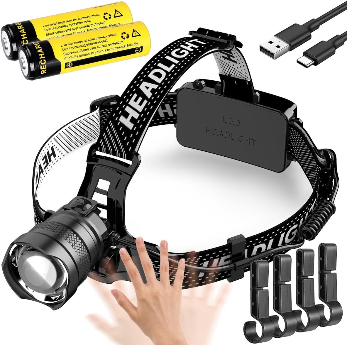 NAKCNM Rechargeable Head Torch with Motion Sensor for Hiking Running Camping and more