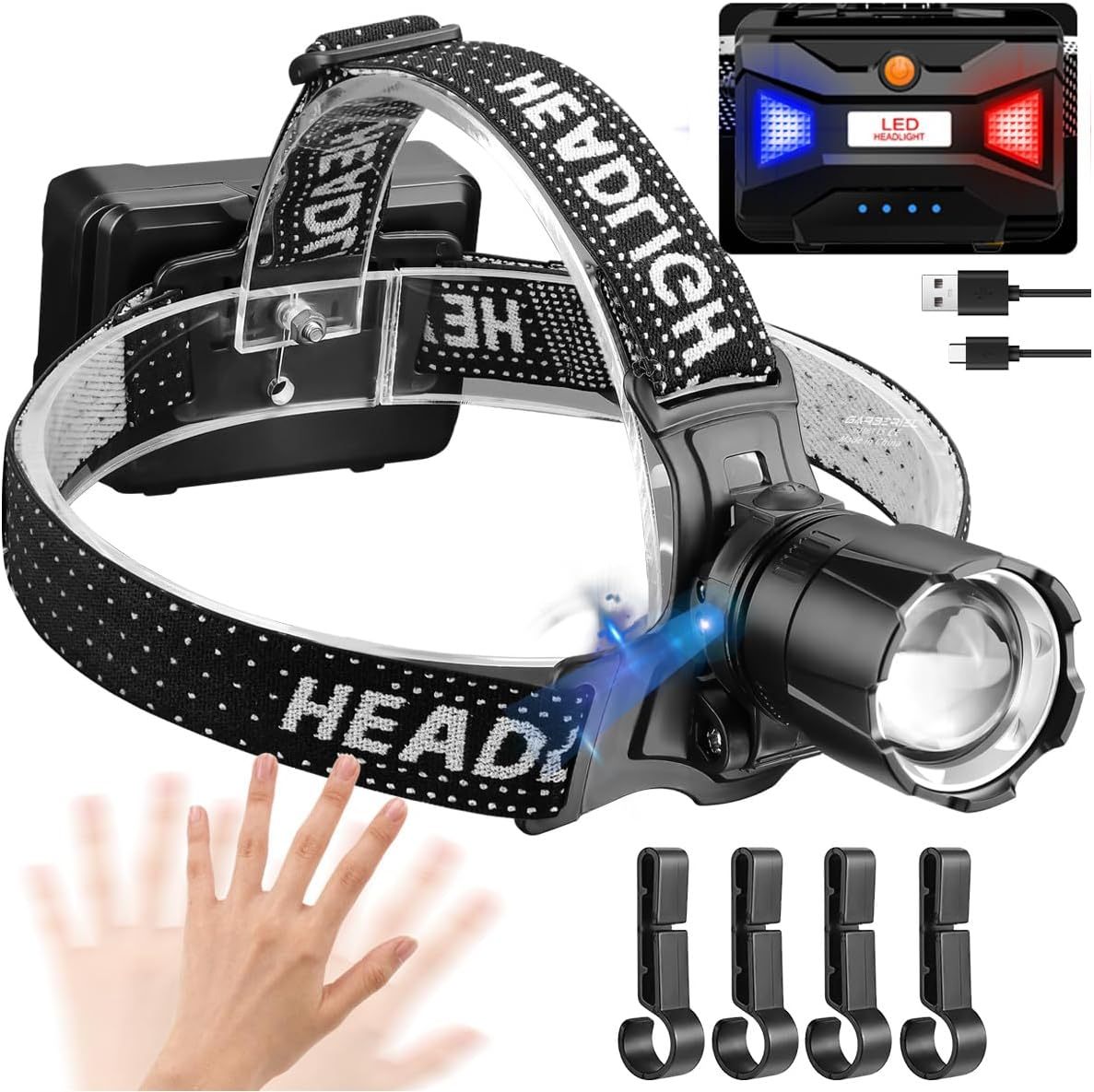 NAKCNM LED Rechargeable Head Torch with Motion Sensor and Rear Light