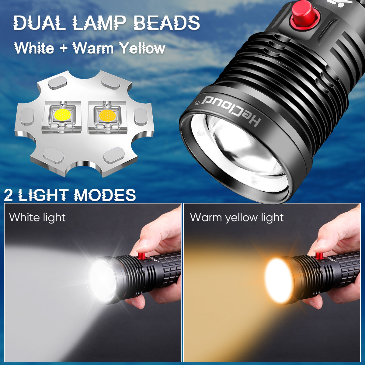 HECLOUD 1000 Lumen Diving Flashlight IPX8 Waterproof Scuba Light with Dual Modes & Type-C USB Charging