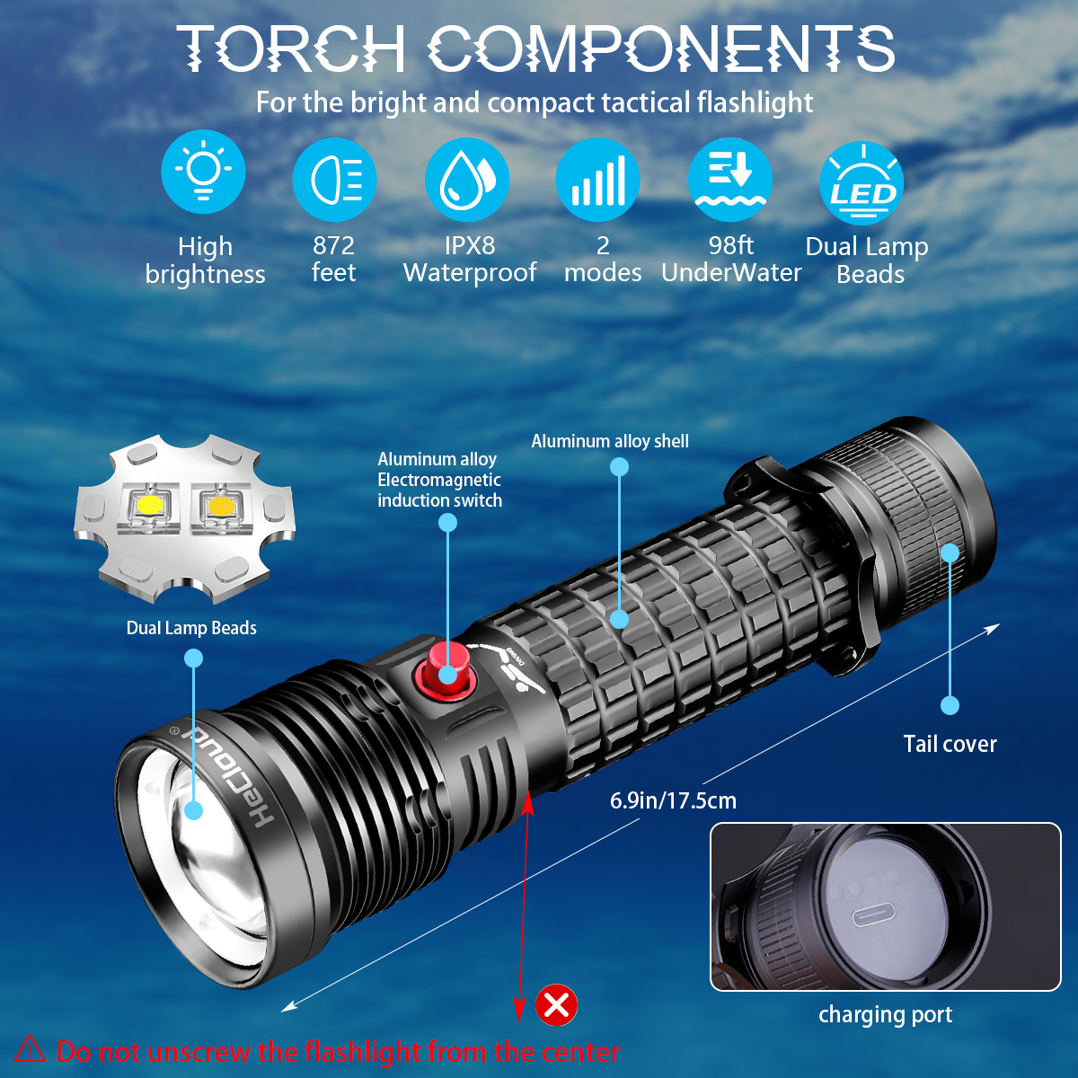 HECLOUD 1000 Lumen Diving Flashlight IPX8 Waterproof Scuba Light with Dual Modes & Type-C USB Charging
