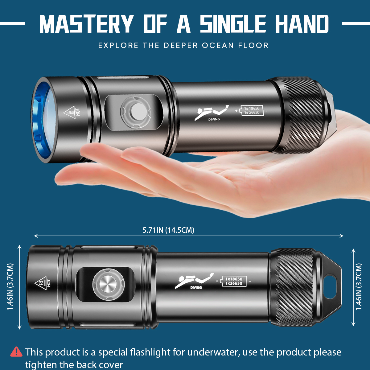 HCF1586 1300 Lumen Scuba Diving Flashlight with IPX8 Waterproof Rating and 4 Lighting Modes