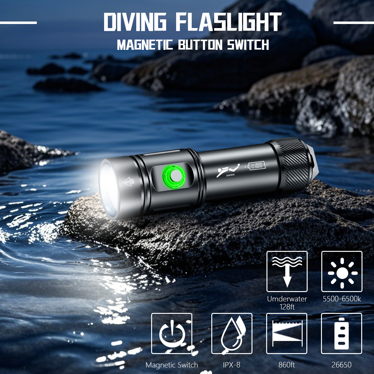 HCF1586 1300 Lumen Scuba Diving Flashlight with IPX8 Waterproof Rating and 4 Lighting Modes