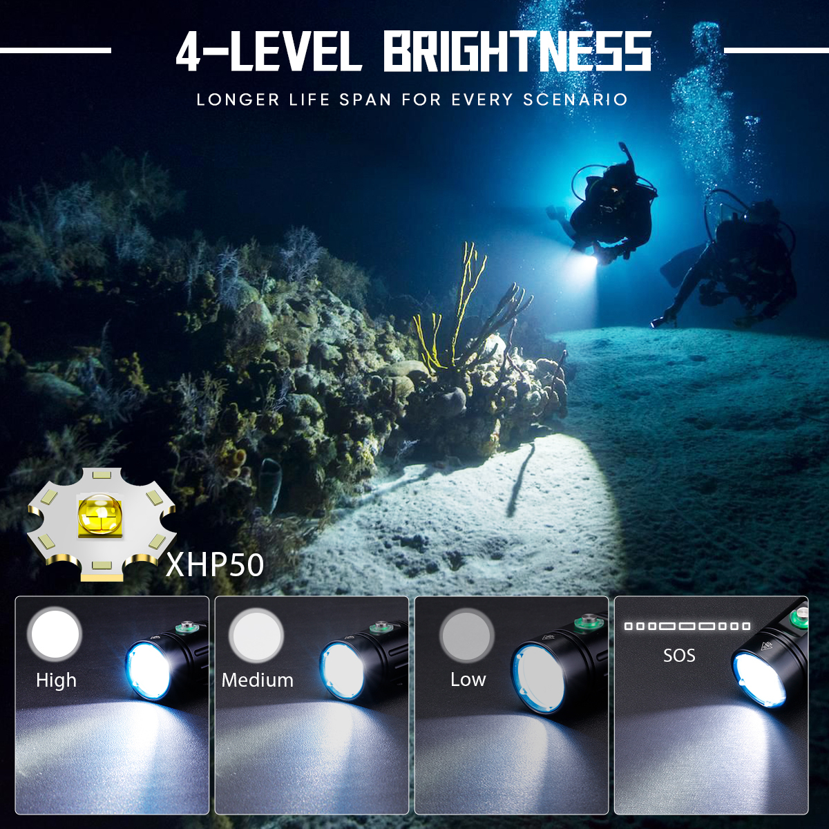 HCF1586 1300 Lumen Scuba Diving Flashlight with IPX8 Waterproof Rating and 4 Lighting Modes
