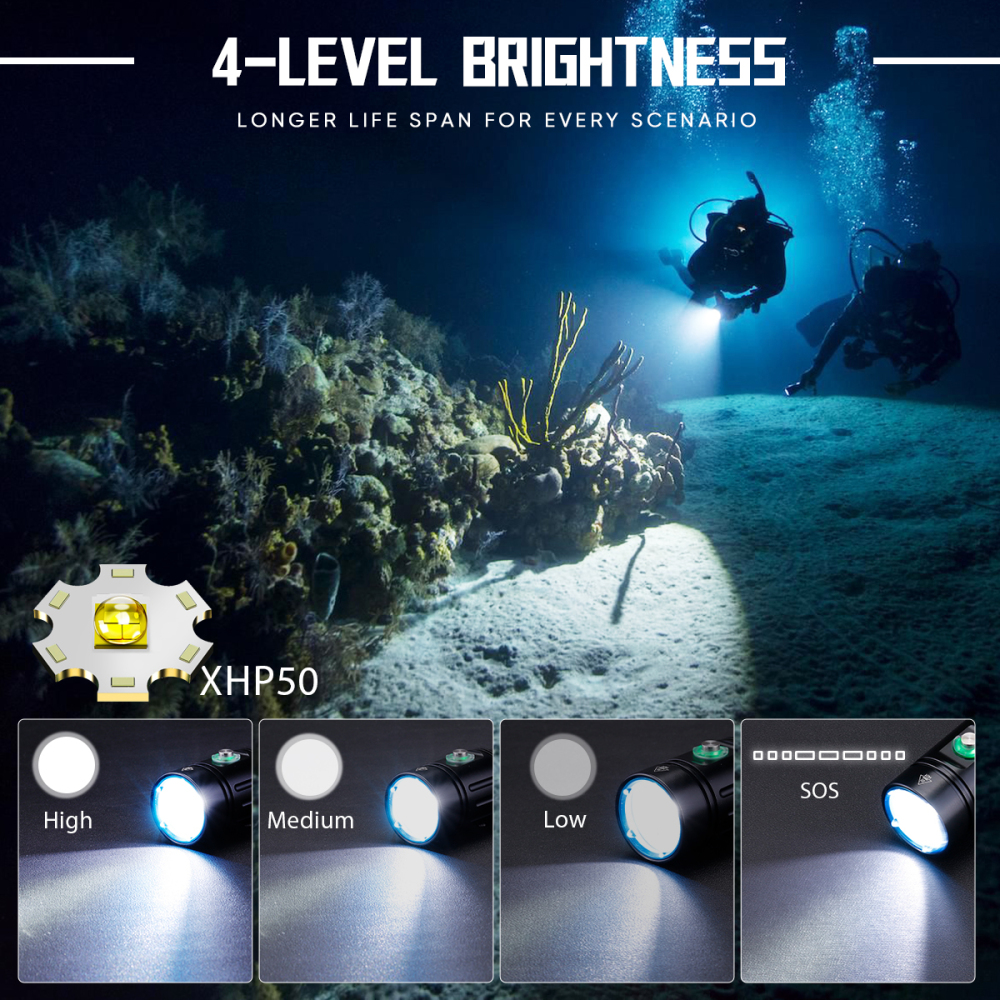 HCF1586 1300 Lumen Scuba Diving Flashlight with IPX8 Waterproof Rating and 4 Lighting Modes