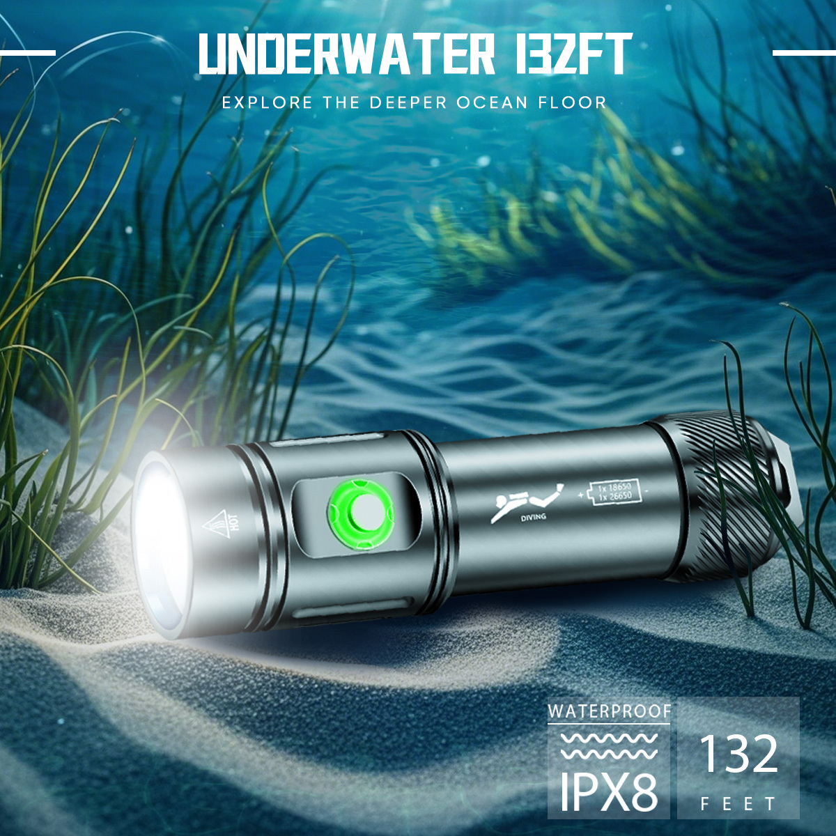 HCF1586 1300 Lumen Scuba Diving Flashlight with IPX8 Waterproof Rating and 4 Lighting Modes