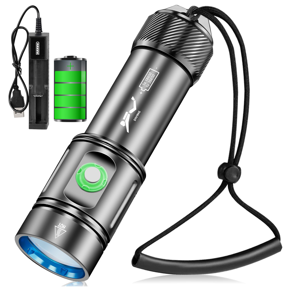 HCF1586 1300 Lumen Scuba Diving Flashlight with IPX8 Waterproof Rating and 4 Lighting Modes