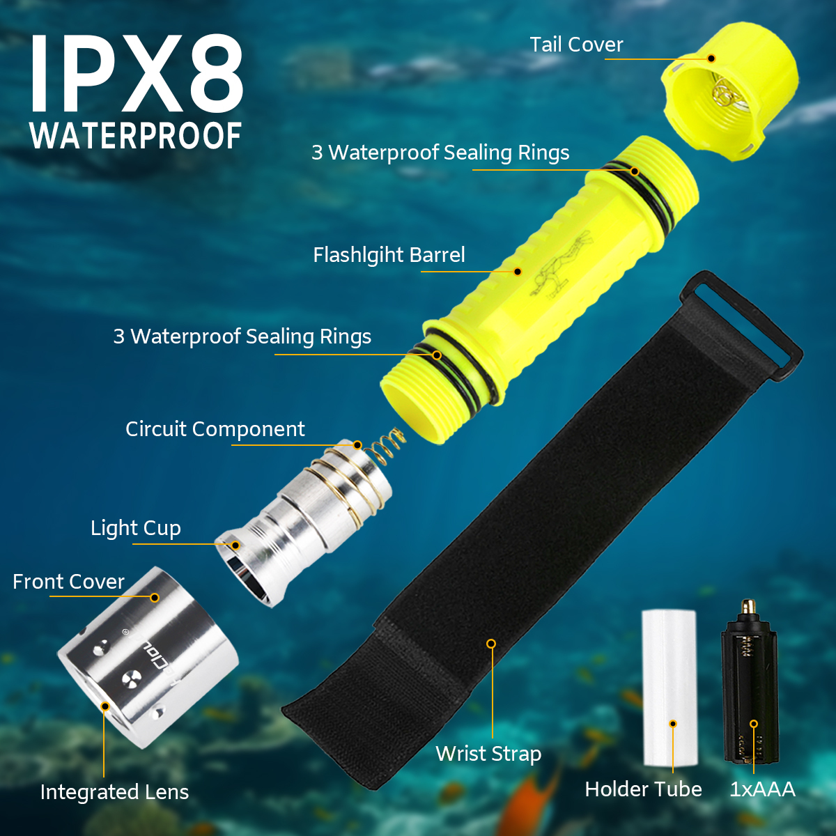 HeCloud FG1157 Diving Flashlight Portable LED Dive Light for Underwater Adventures