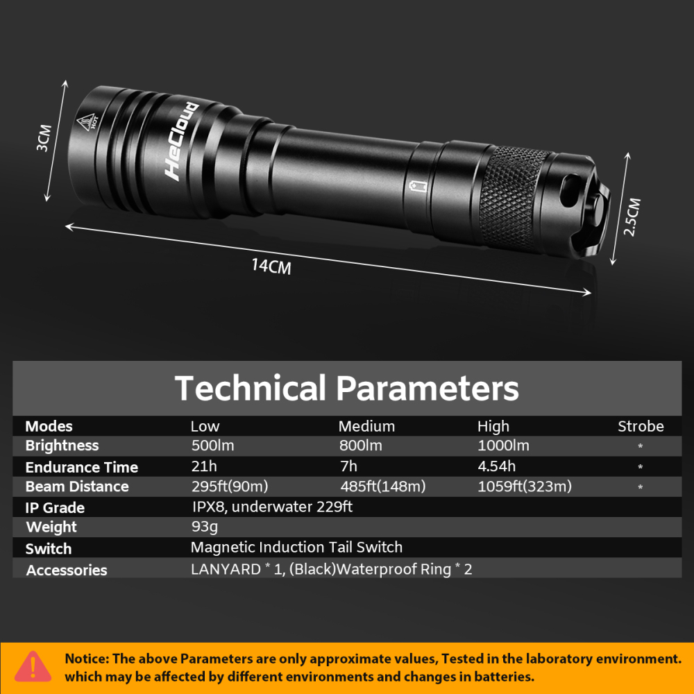 Hecloud Scuba Diving Flashlight Dive Torch 1000 Lumens Underwater 328ft