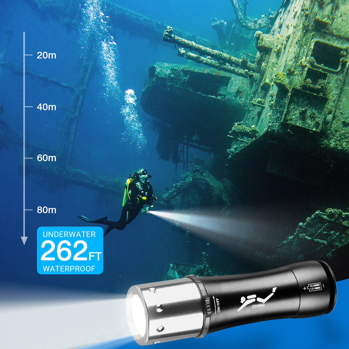 HeCloud Scuba Diving Flashlight IPX8 Underwater for Diving Snorkeling