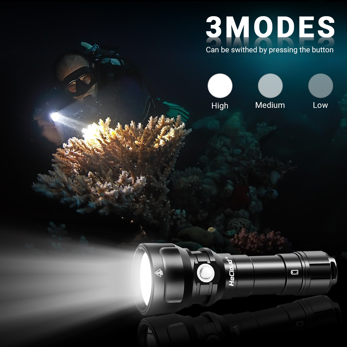 HCF1187 Diving Scuba Flashlight 2000LM Underwater 492ft with Rechargeable Battery for Diving