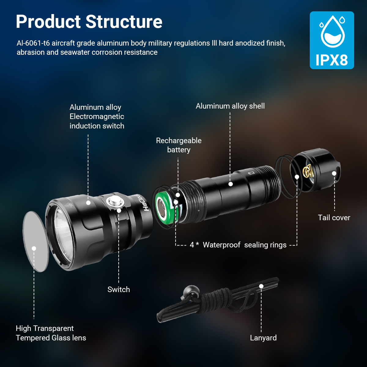 HCF1187 Diving Scuba Flashlight 2000LM Underwater 492ft with Rechargeable Battery for Diving
