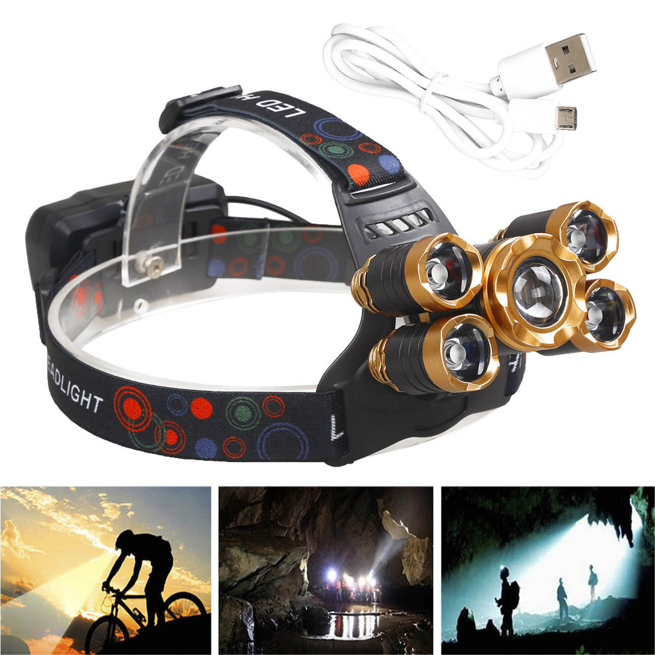 Adjustable Beam Outdoor Headlamp with Zoom Focus, Red Rear Light & 4 Lighting Modes
