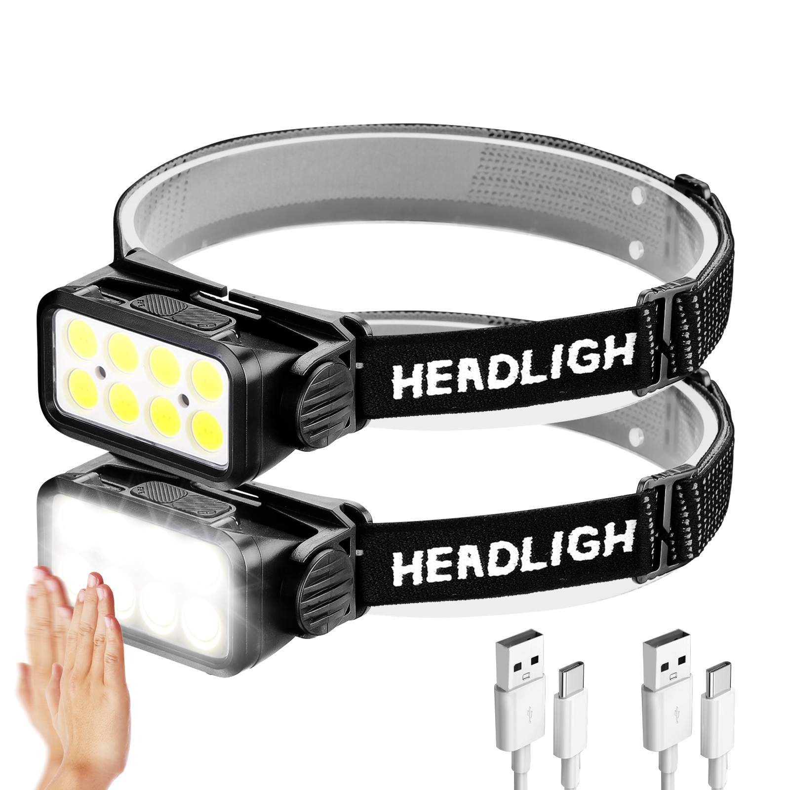 2 PC Hands-Free Outdoor Headlamp with Motion Sensor, COB White & Red Light, 4 Modes