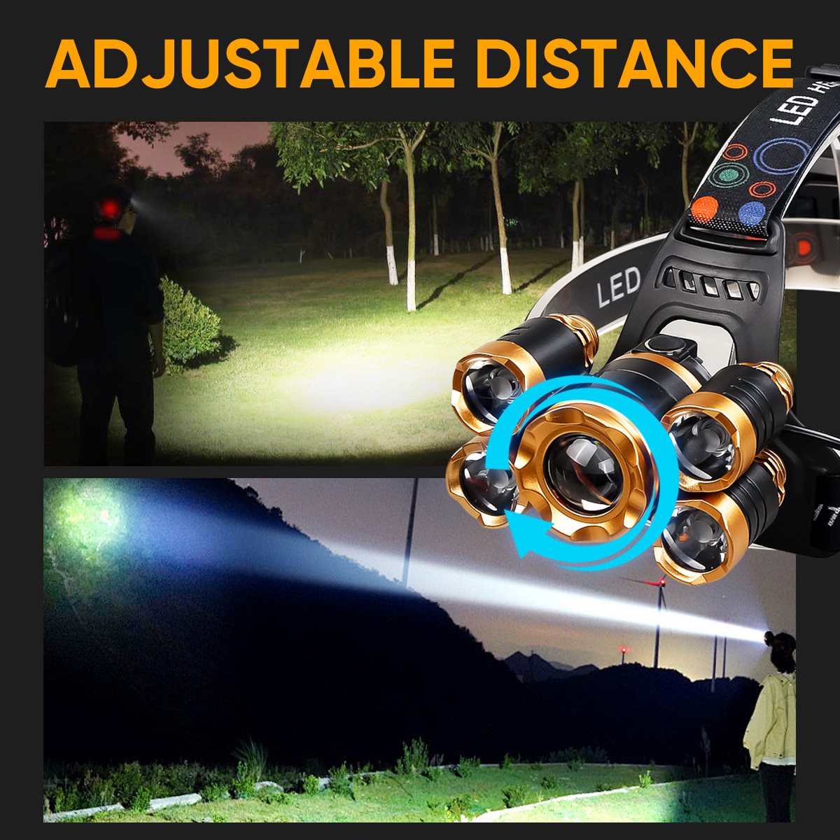 Adjustable Beam Outdoor Headlamp with Zoom Focus, Red Rear Light & 4 Lighting Modes