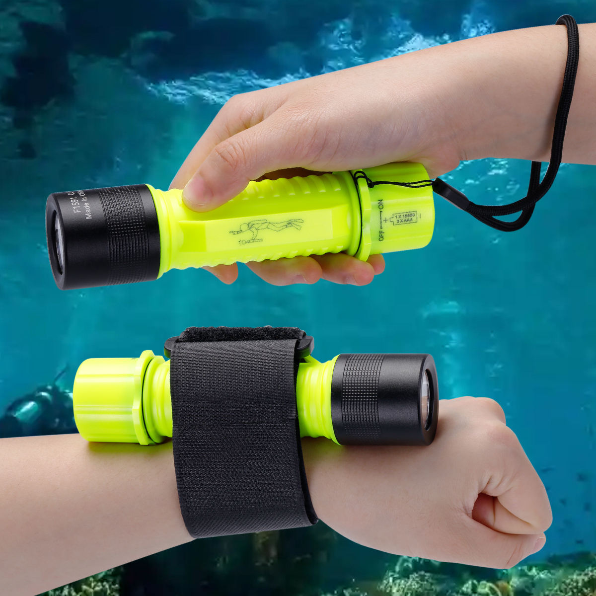 HeCloud F1591 Diving Flashlight – Black & Fluorescent Green, 20m Waterproof Torch with 18650 Battery & Charger