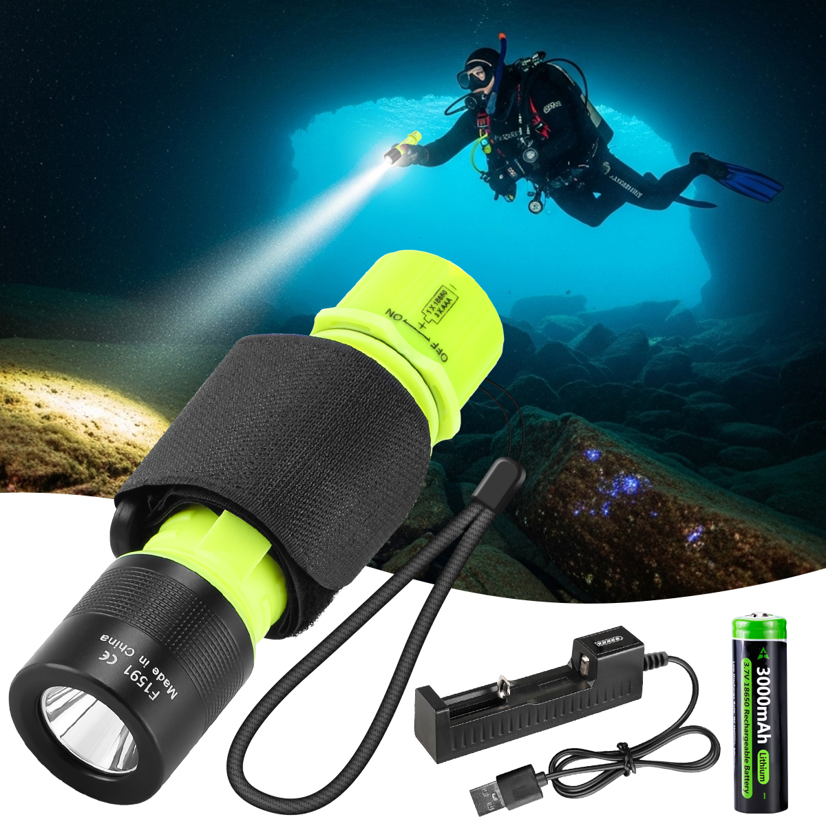 HeCloud F1591 Diving Flashlight – Black & Fluorescent Green, 20m Waterproof Torch with 18650 Battery & Charger