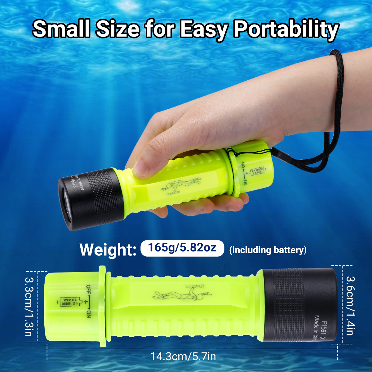HeCloud F1591 Diving Flashlight – Black & Fluorescent Green, 20m Waterproof Torch with 18650 Battery & Charger