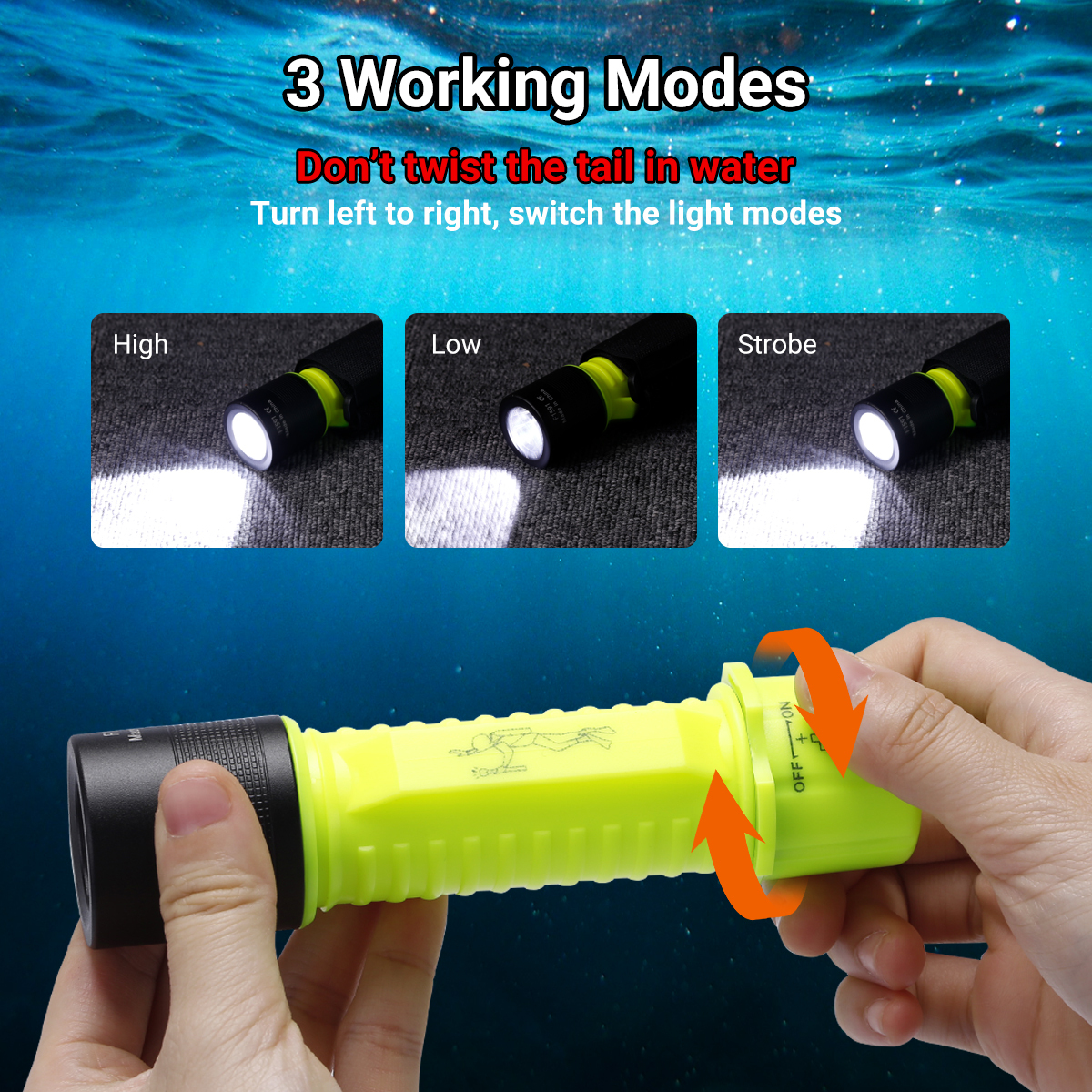 HeCloud F1591 Diving Flashlight – Black & Fluorescent Green, 20m Waterproof Torch with 18650 Battery & Charger