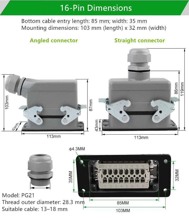 HDC-HE-24 Heavy-Duty Waterproof Cable Connector 16A