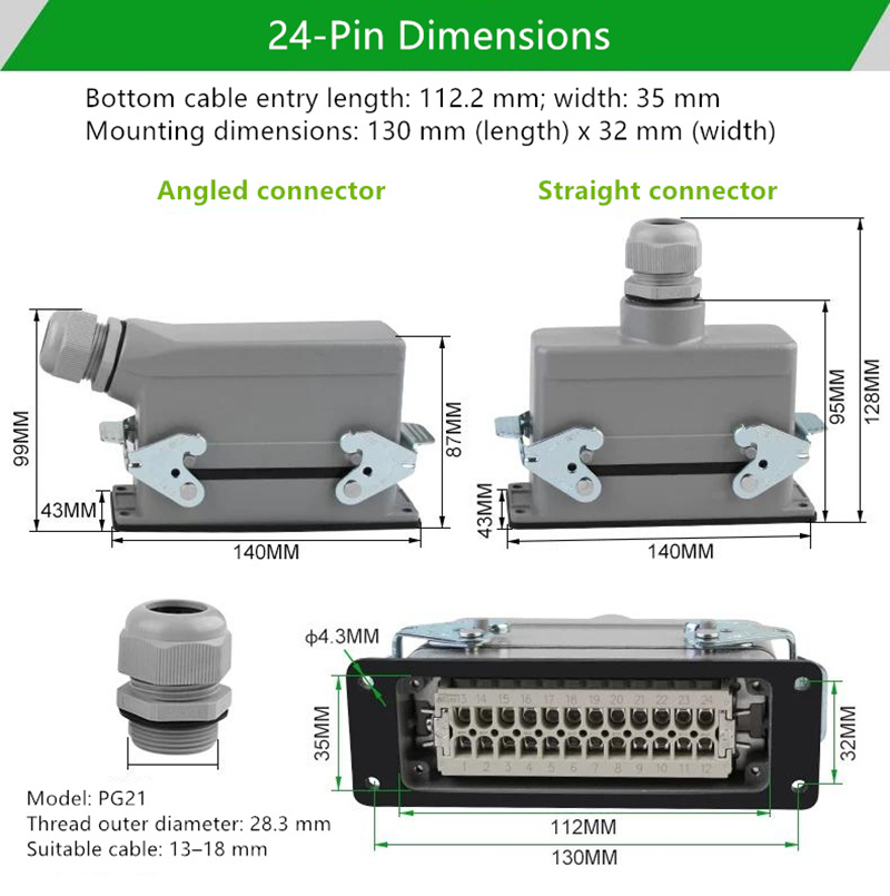 HDC-HE-24 Heavy-Duty Waterproof Cable Connector 16A