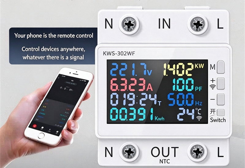 Remote Controlled DIN-Rail Voltage and Current Meter (170–300V/63A)