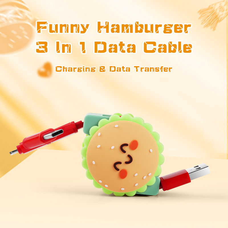 Cute Hamburger 3 In 1 Retractable Charging Cable