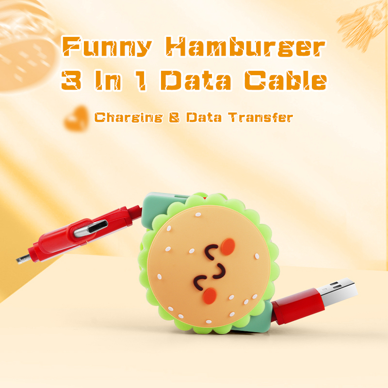 Cute Hamburger 3 In 1 Retractable Charging Cable
