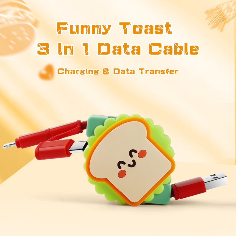 Cute Toast 3 In 1 Retractable Charging Cable