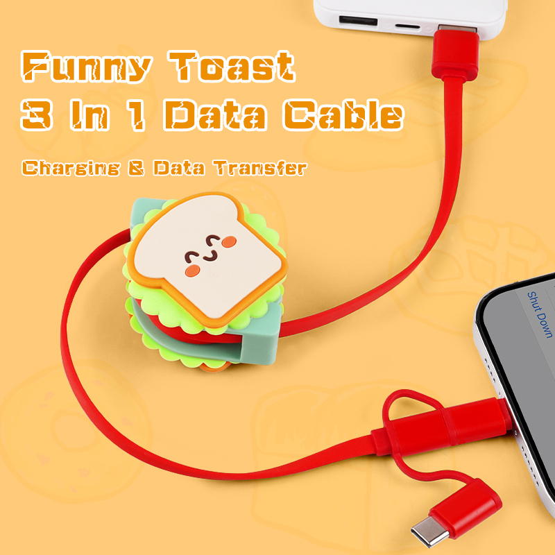 Cute Toast 3 In 1 Retractable Charging Cable