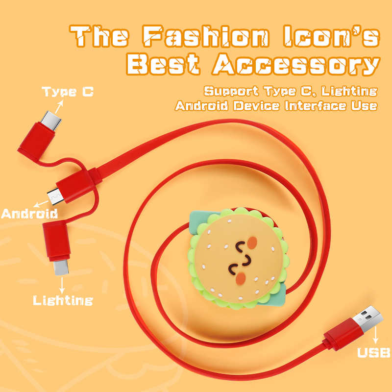 Cute Hamburger 3 In 1 Retractable Charging Cable