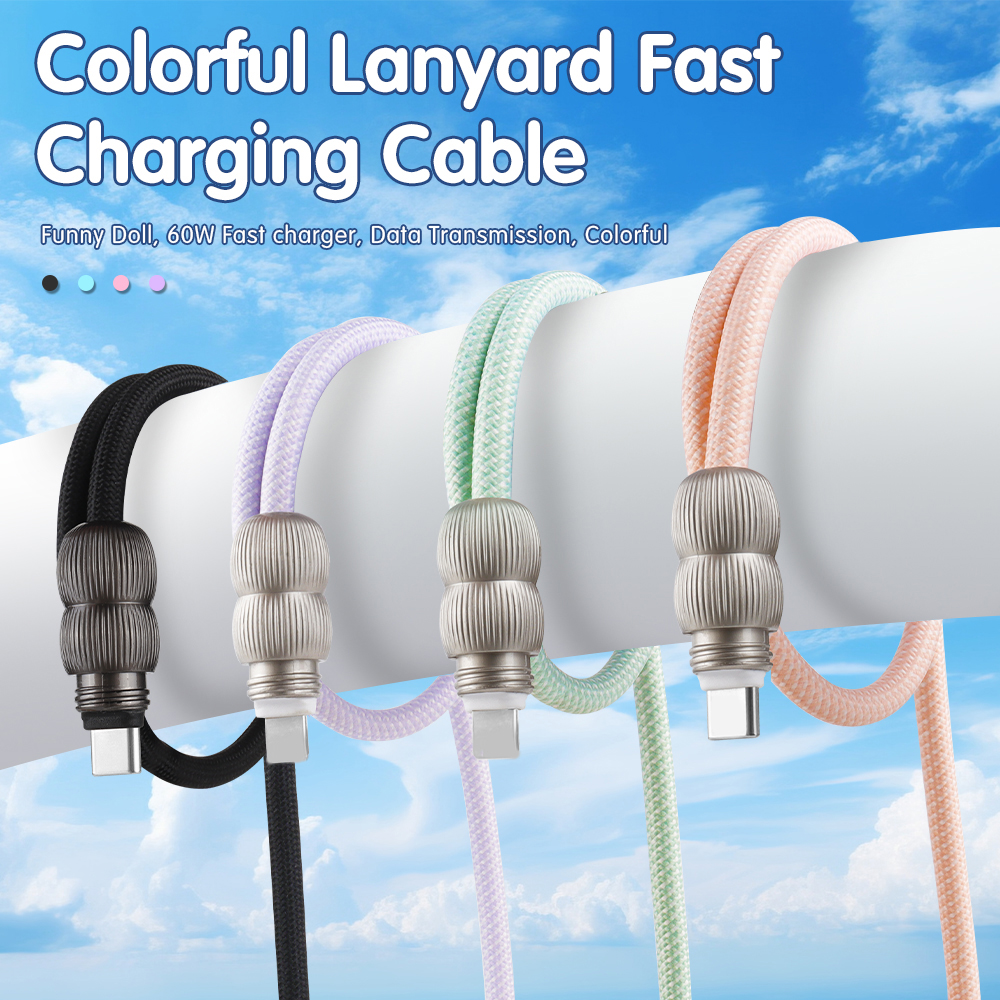 Colorful 60W Lanyard Fast Charging Cable Universal Crossbody Neck Cell Phone USB C to USB C Lanyard Charging Cable