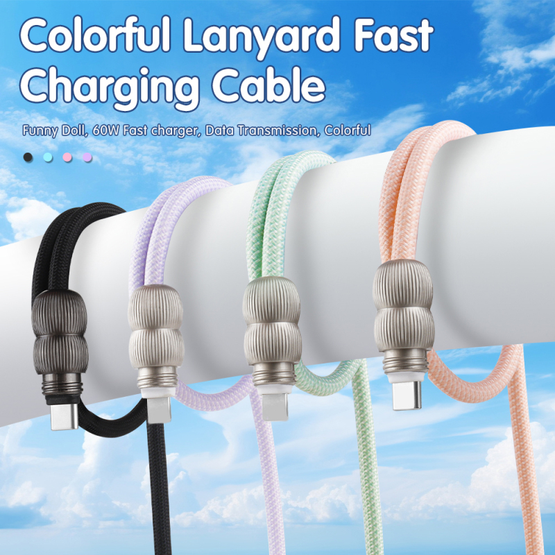 Colorful 60W Lanyard Fast Charging Cable Universal Crossbody Neck Cell Phone USB C to USB C Lanyard Charging Cable
