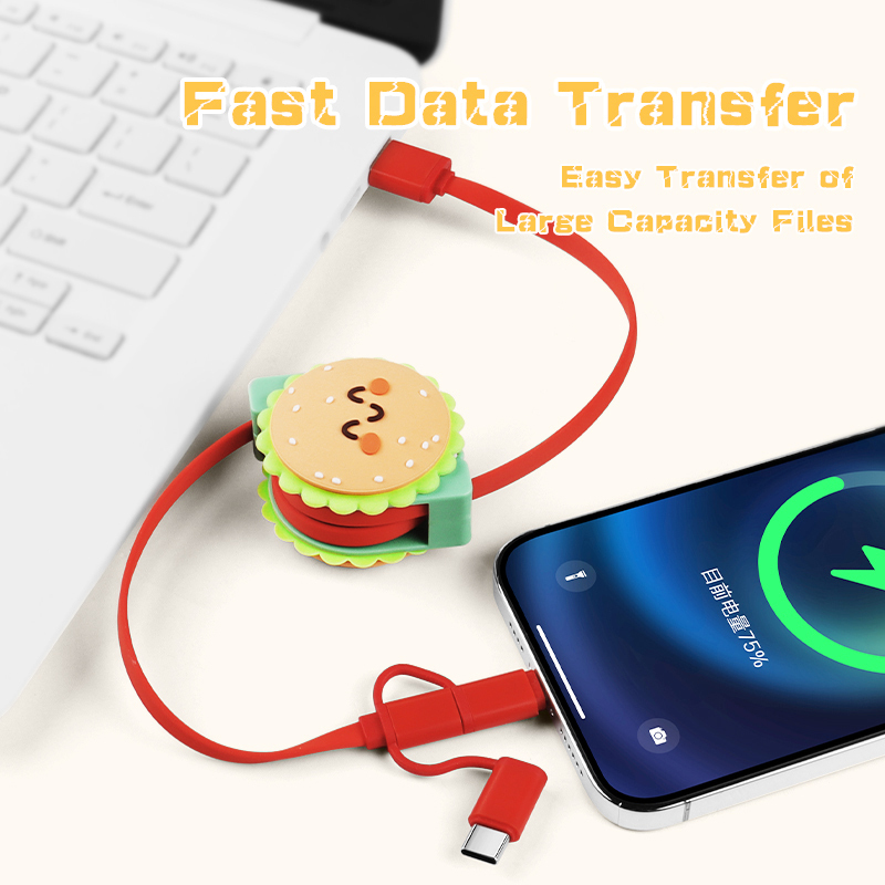Cute Hamburger 3 In 1 Retractable Charging Cable