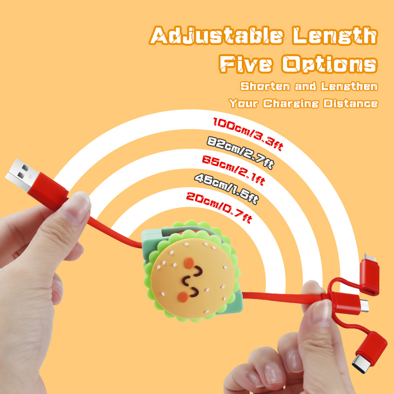 Cute Hamburger 3 In 1 Retractable Charging Cable