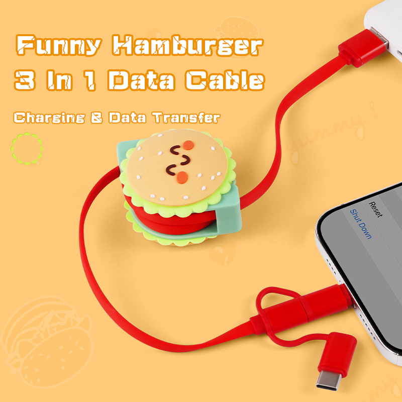 Cute Hamburger 3 In 1 Retractable Charging Cable