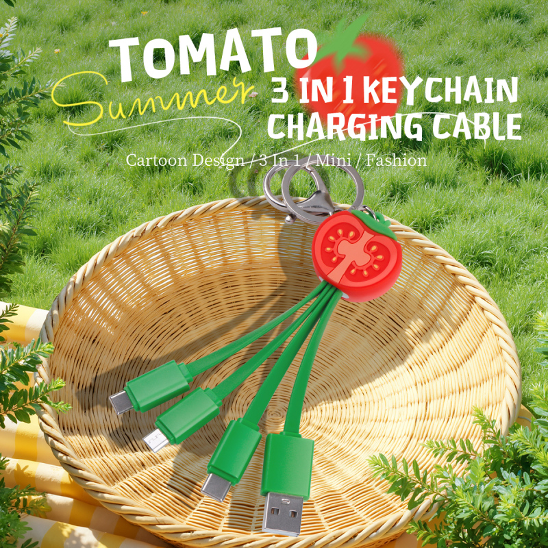Adorable Cute Tomato Shaped 3 in 1 Charging Cable Portable Keychain 2.4A 3D PVC Tomato Multi USB Charging Cable for iPhone 16 Pro Max