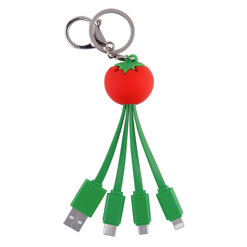 Adorable Cute Tomato Shaped 3 in 1 Charging Cable Portable Keychain 2.4A 3D PVC Tomato Multi USB Charging Cable for iPhone 16 Pro Max