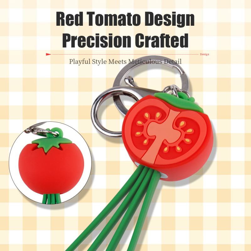 Adorable Cute Tomato Shaped 3 in 1 Charging Cable Portable Keychain 2.4A 3D PVC Tomato Multi USB Charging Cable for iPhone 16 Pro Max