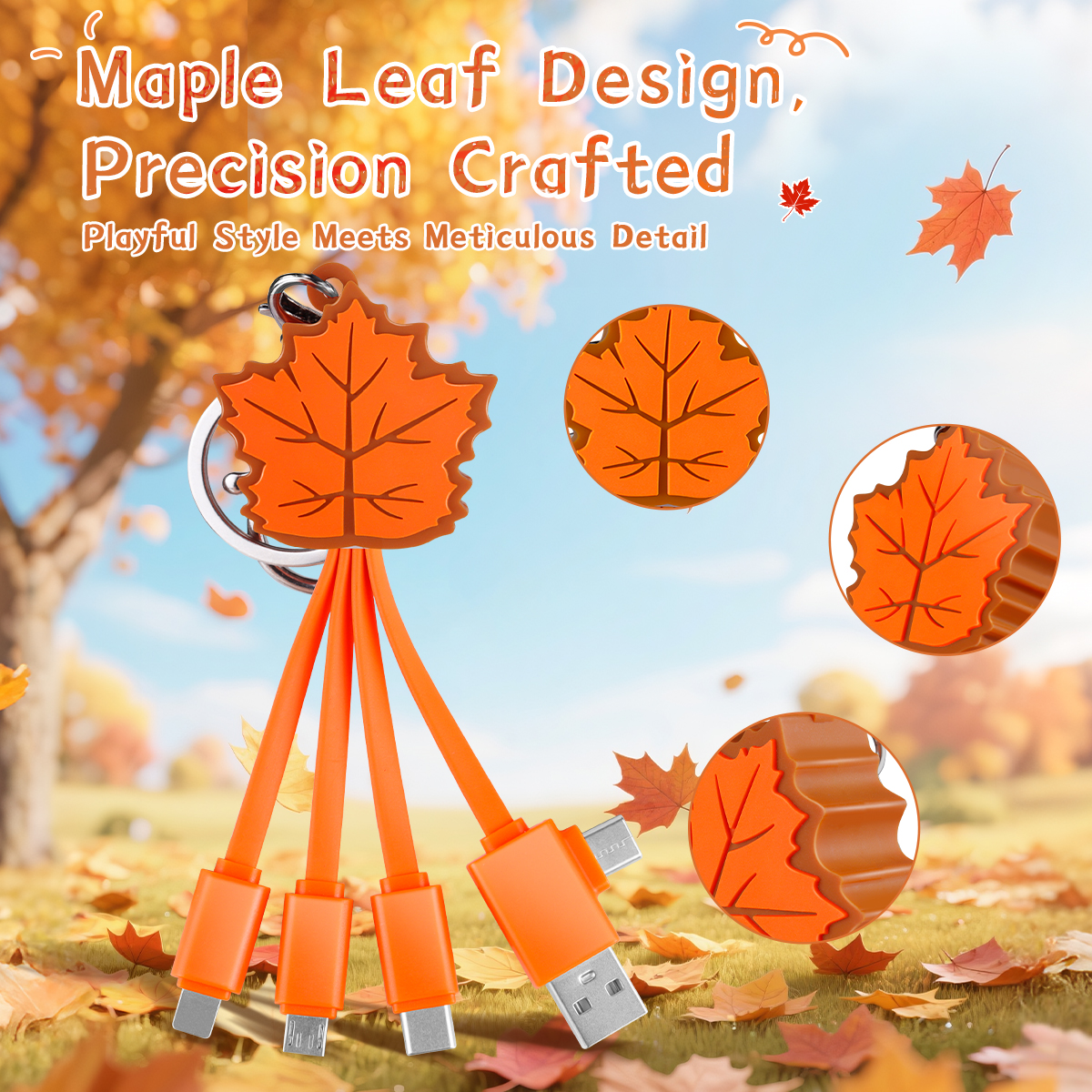 Promotion Gift Maple Leaf Multi Charging Cable Phone Charger 2.4A TPE Cord Unique Keychain 4 in 1 Charging Cable