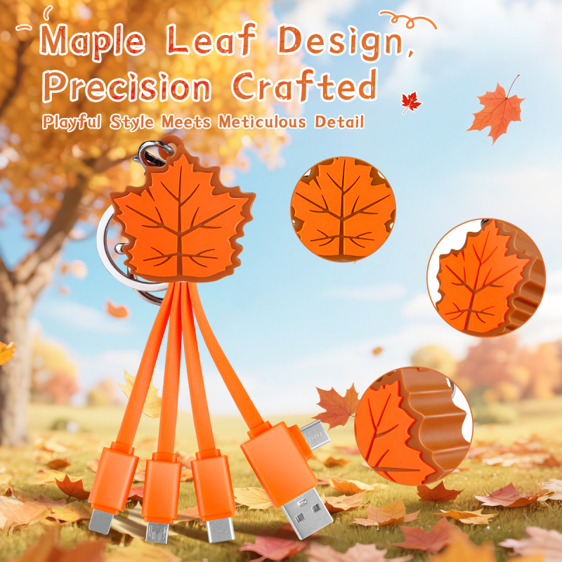 Promotion Gift Maple Leaf Multi Charging Cable Phone Charger 2.4A TPE Cord Unique Keychain 4 in 1 Charging Cable