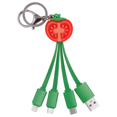 Adorable Cute Tomato Shaped 3 in 1 Charging Cable Portable Keychain 2.4A 3D PVC Tomato Multi USB Charging Cable for iPhone 16 Pro Max