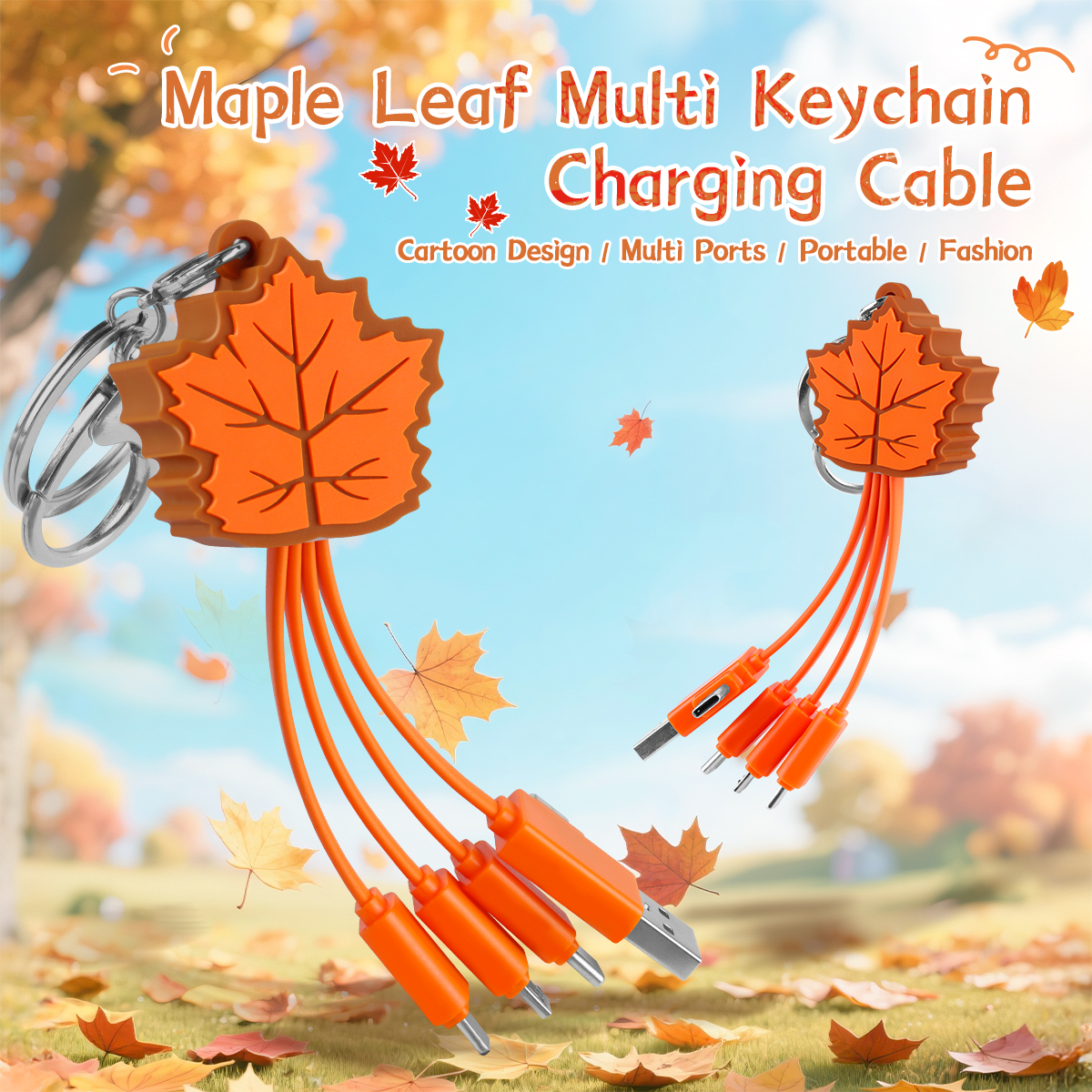 Promotion Gift Maple Leaf Multi Charging Cable Phone Charger 2.4A TPE Cord Unique Keychain 4 in 1 Charging Cable