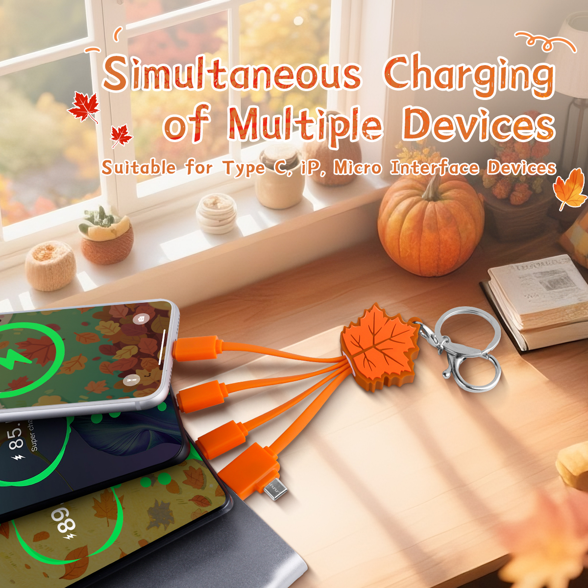 Promotion Gift Maple Leaf Multi Charging Cable Phone Charger 2.4A TPE Cord Unique Keychain 4 in 1 Charging Cable
