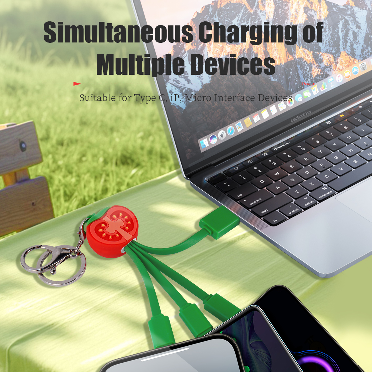 Adorable Cute Tomato Shaped 3 in 1 Charging Cable Portable Keychain 2.4A 3D PVC Tomato Multi USB Charging Cable for iPhone 16 Pro Max