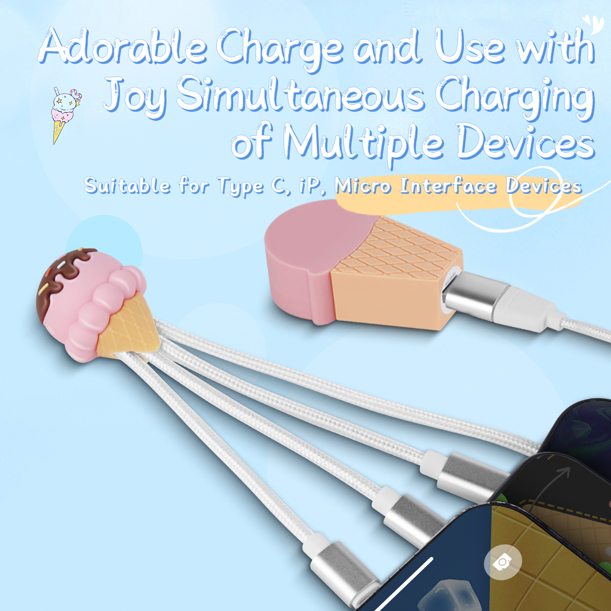 Ice Cream Cone Multi Charging Cable Nylon Braid 3.3ft 4 in 1 USB Type C Charging Cable