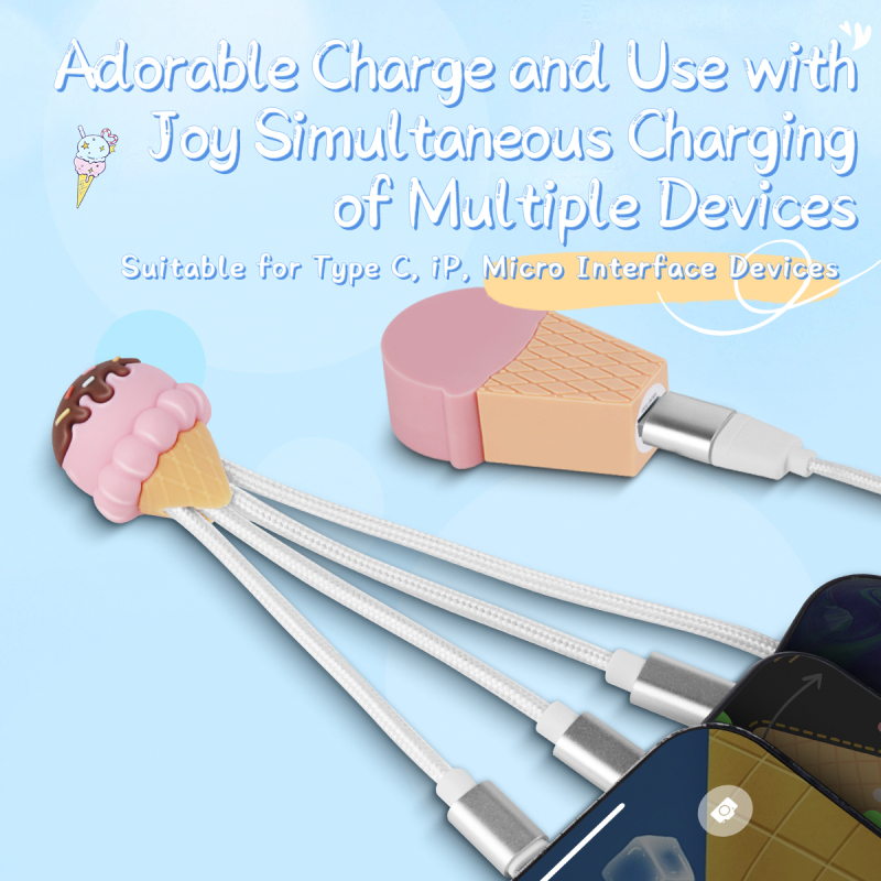 Ice Cream Cone Multi Charging Cable Nylon Braid 3.3ft 4 in 1 USB Type C Charging Cable
